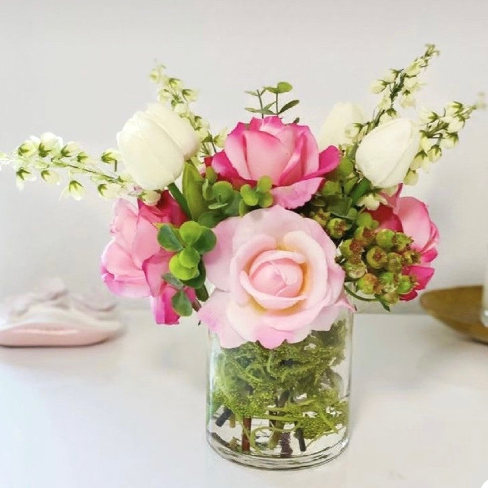 Blush Pink and White Roses in a Cylinder Vase Arrangement